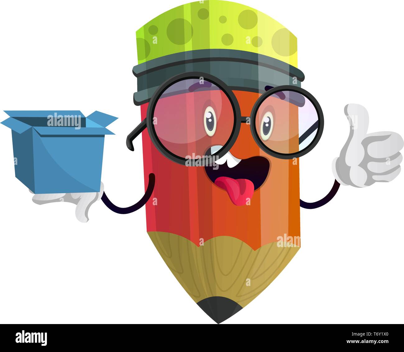 Matita rossa azienda blue box e attaccando la sua lingua fuori illustrazione vettore su sfondo bianco Illustrazione Vettoriale