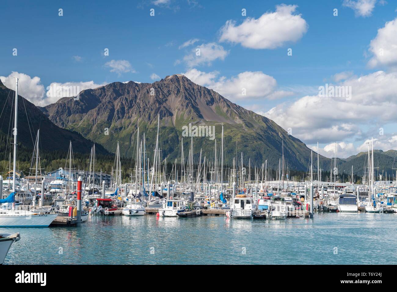 Barche nel porto di Seward, Penisola di Kenai, Seward, Alaska, STATI UNITI D'AMERICA Foto Stock