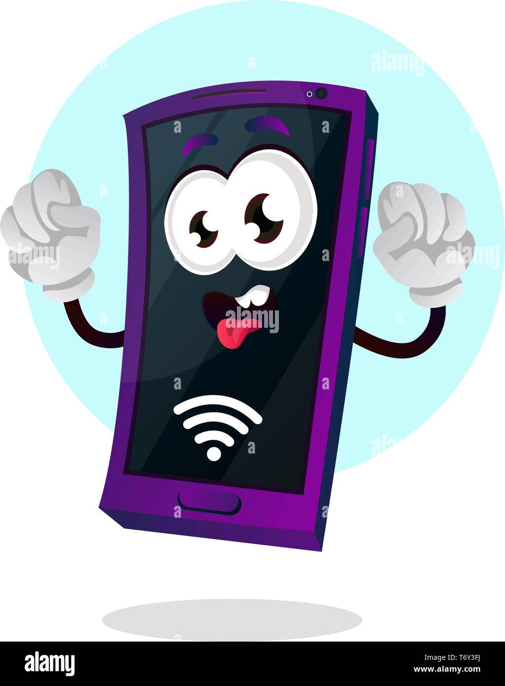 Gli Emoji mobile con una connessione wi fi segnale e mani in alto illustrazione vettore su sfondo bianco Illustrazione Vettoriale