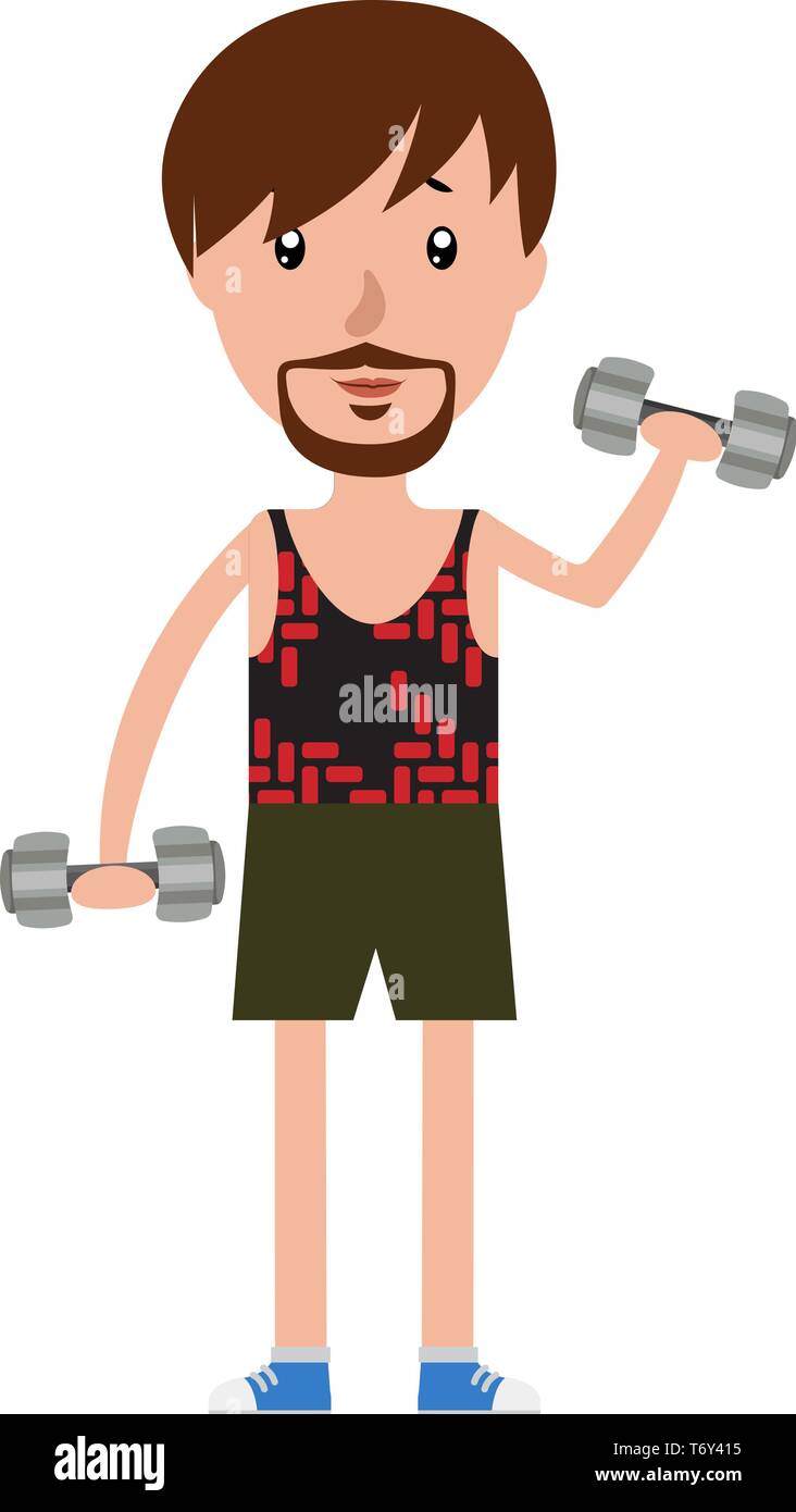 Cartoon uomo che lavora fuori con il set di pesi illustrazione vettore su sfondo bianco Illustrazione Vettoriale