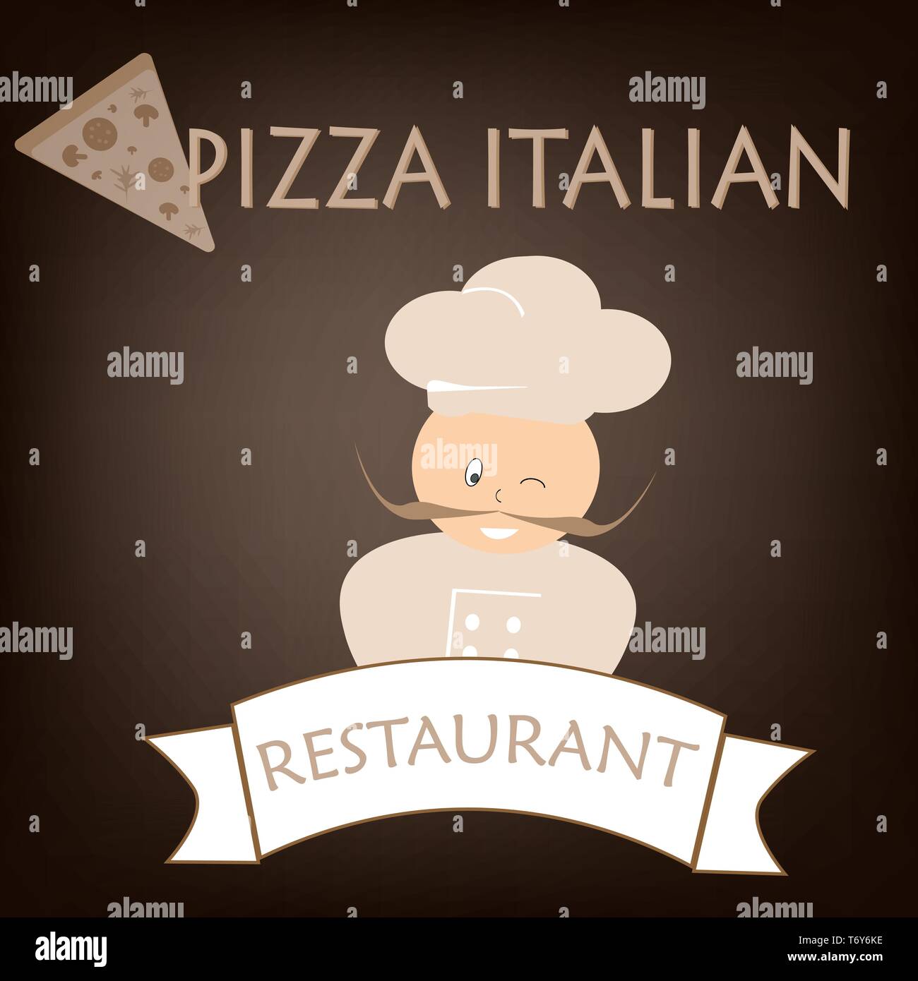 Il logo del vettore per il banner di pubblicità per il ristorante lo chef con il cibo italiano pizza e cuocere su sfondo nero con testo iscrizione Illustrazione Vettoriale