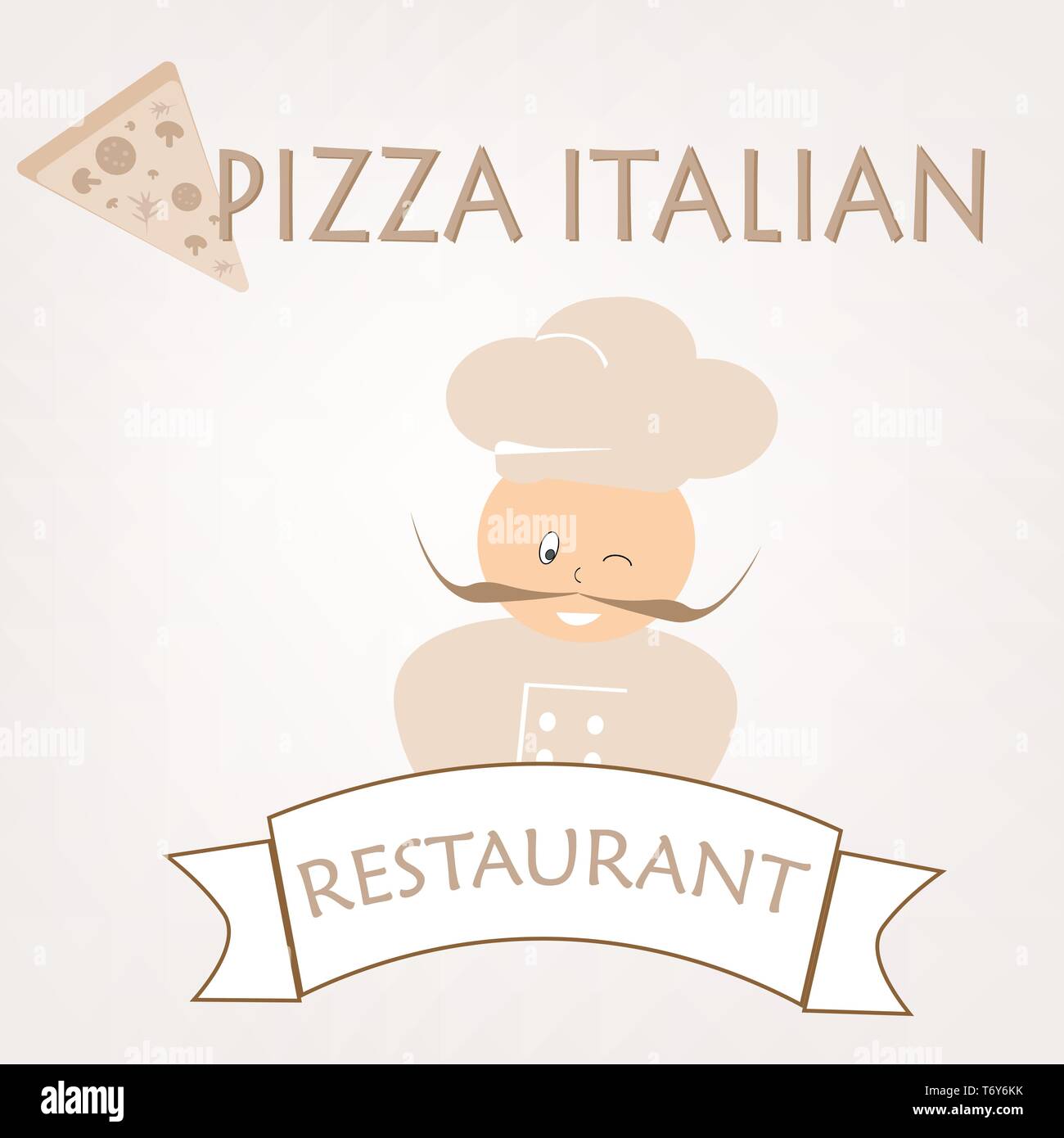 Il logo del vettore per il banner di pubblicità per il ristorante lo chef con il cibo italiano pizza e cuocere su sfondo bianco con testo iscrizione Illustrazione Vettoriale