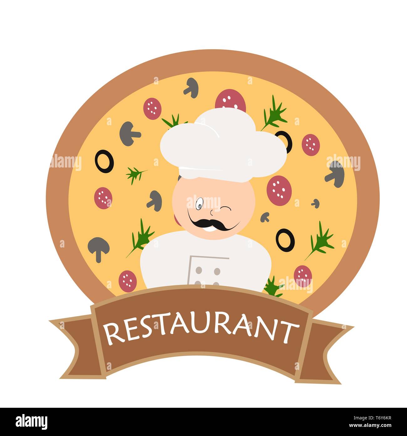 Il logo del vettore per il banner di pubblicità per il ristorante lo chef con il cibo italiano pizza e cuocere su sfondo bianco con testo iscrizione Illustrazione Vettoriale