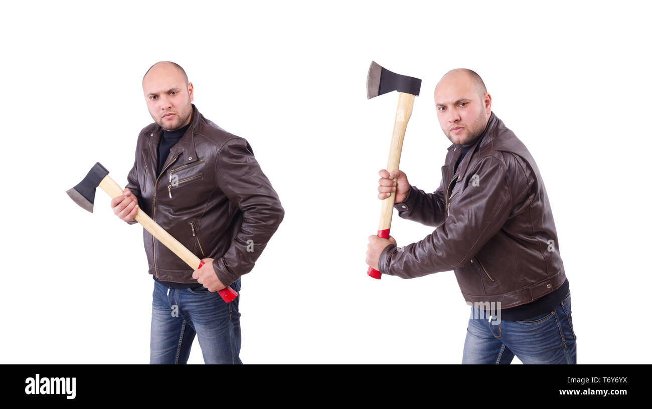 Uomo con ax isolato su bianco Foto Stock