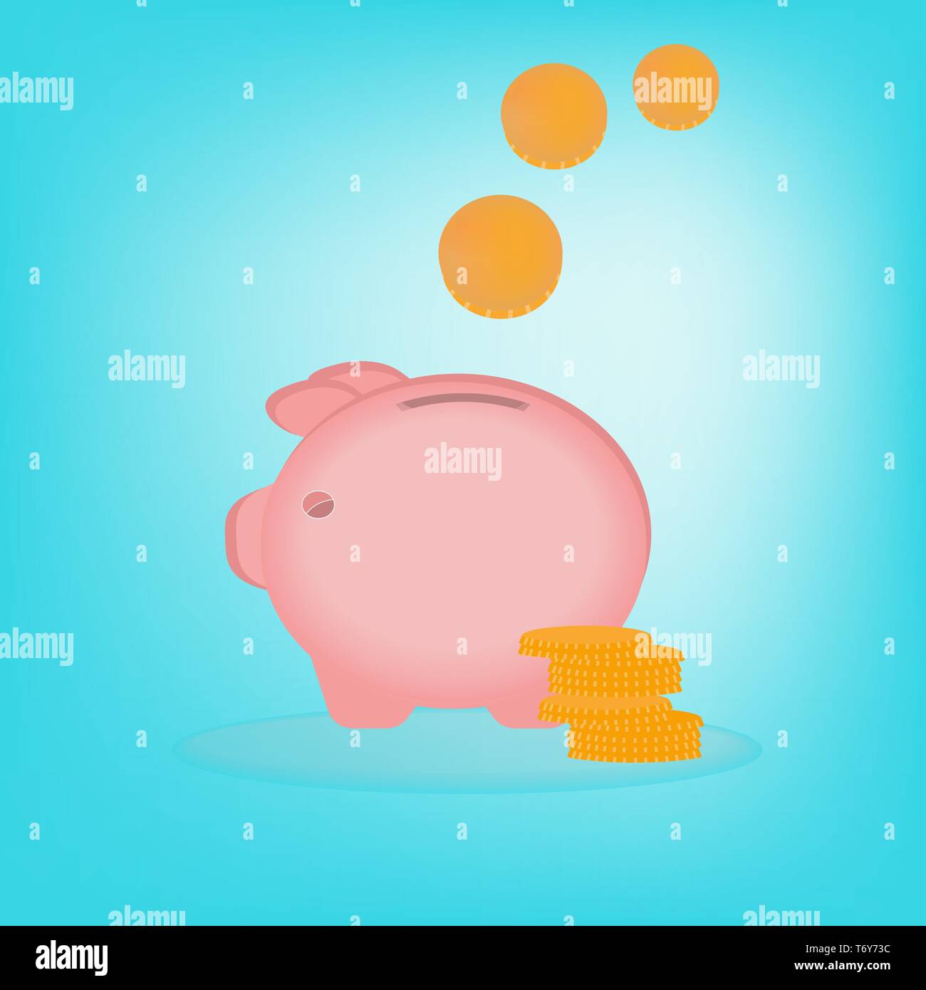Vettore di maiale Maialino salvadanaio rosa con monete centesimi per la pubblicità della banca e deposito su blu sfondo turchese Illustrazione Vettoriale