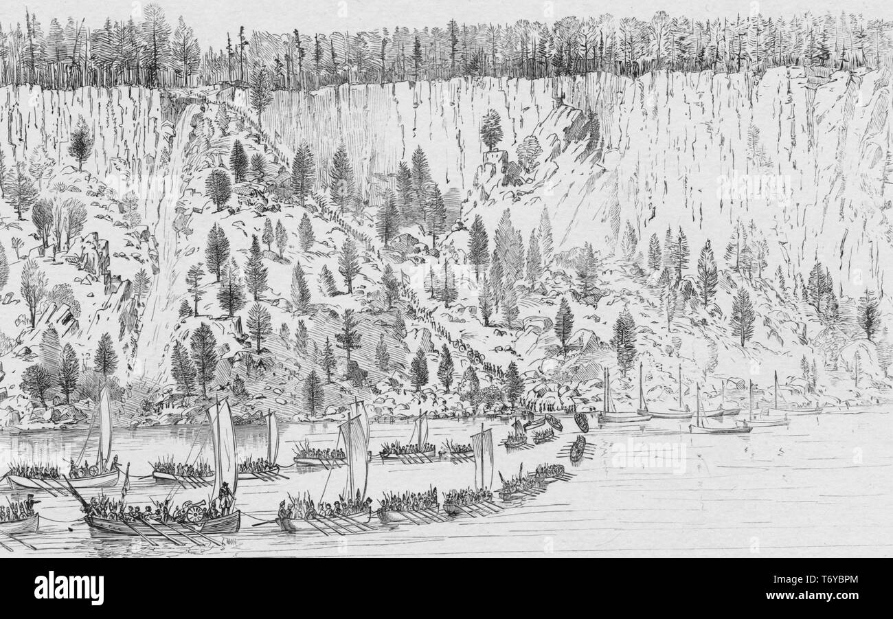 Incisione di uno sbarco delle truppe britanniche nei pressi di Fort Lee sul fiume Hudson, New Jersey, 1776. Dalla Biblioteca Pubblica di New York. () Foto Stock