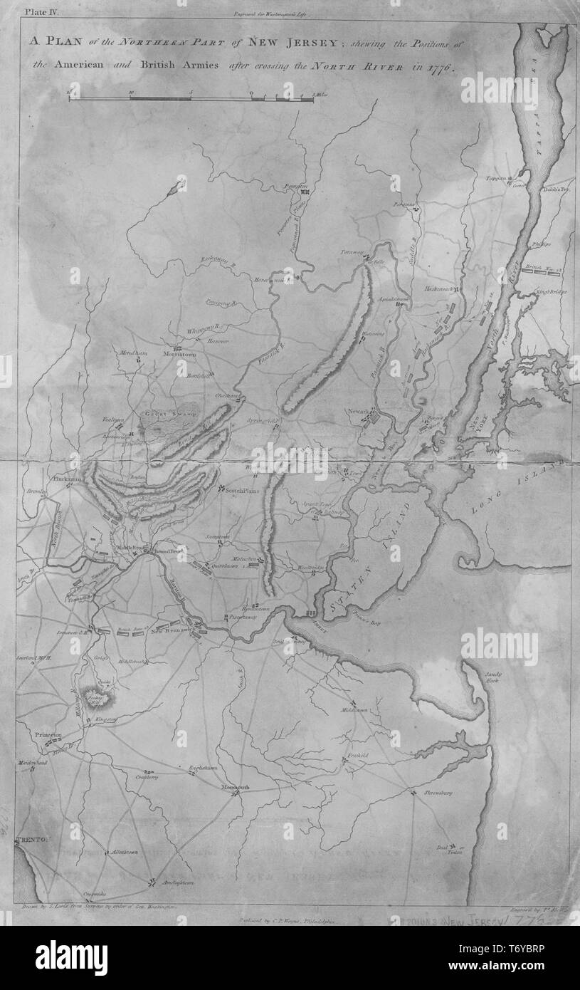 Mappa incisa della parte settentrionale del New Jersey, che mostra le posizioni degli eserciti americani e inglesi dopo aver attraversato il fiume del Nord nel 1776, 1807. Dalla Biblioteca Pubblica di New York. () Foto Stock