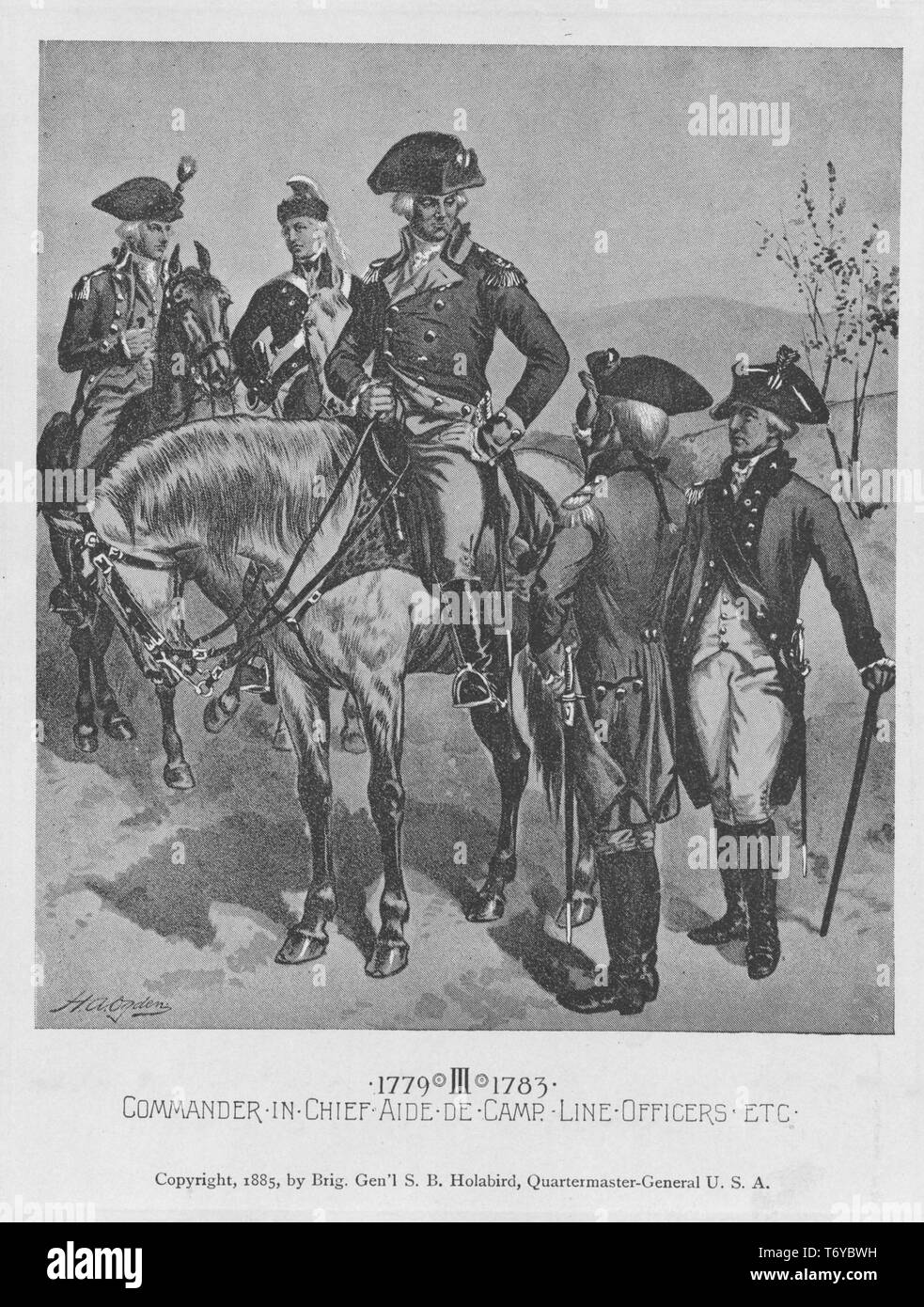 Incisione di George Washington bagnini, commander-in-Chief parlando con la linea ufficiali, 1594. Dalla Biblioteca Pubblica di New York. () Foto Stock
