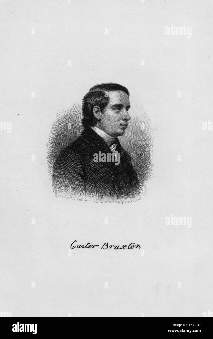 Ritratto inciso di Carter Braxton, firmatario della dichiarazione di indipendenza, un commerciante americano, e piantatrice da Virginia, 1870. Dalla Biblioteca Pubblica di New York. () Foto Stock