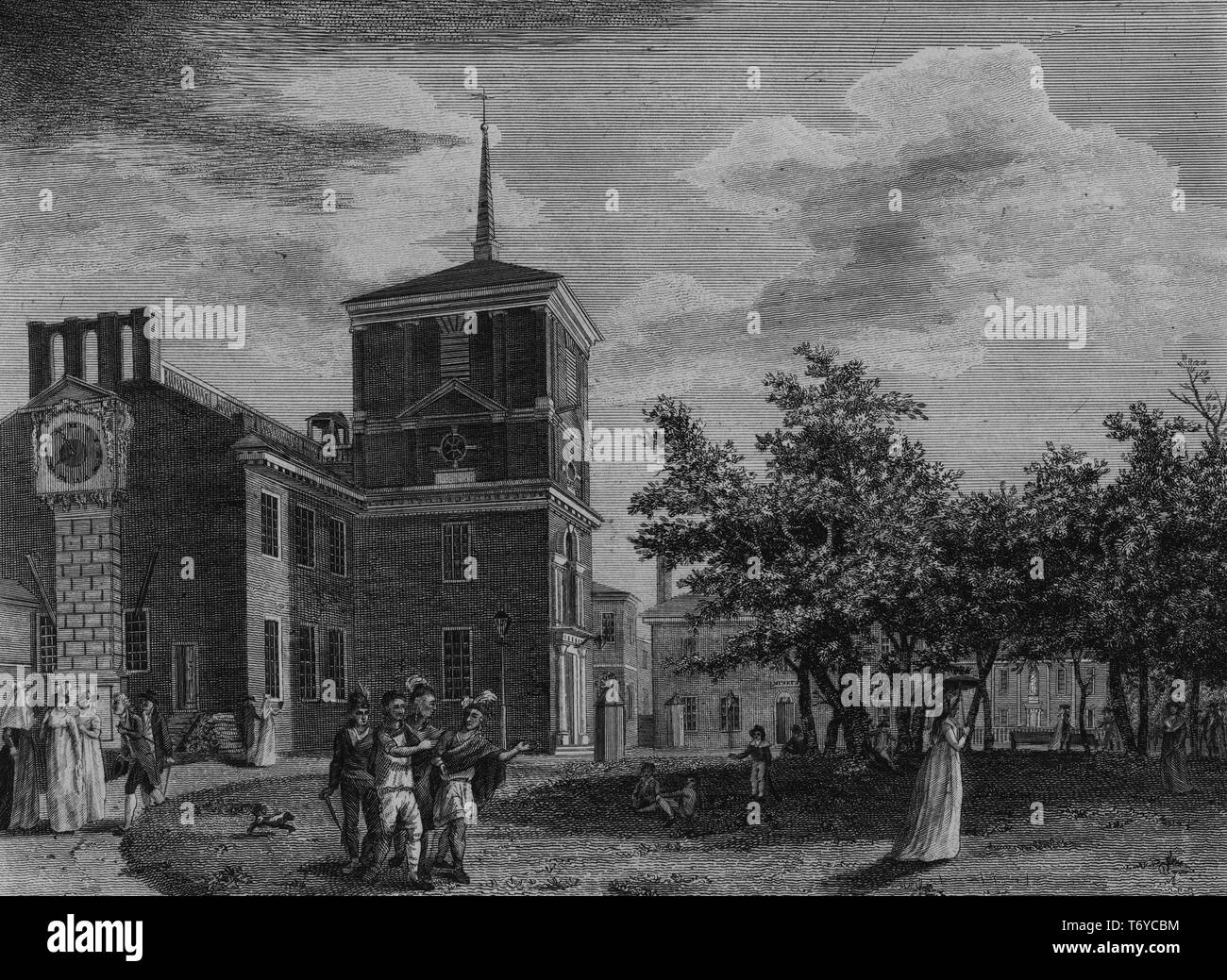 Incisione di Philadelphia State House, Delegazione di visita dei nativi americani e i residenti locali nel cortile, 1845. Dalla Biblioteca Pubblica di New York. () Foto Stock