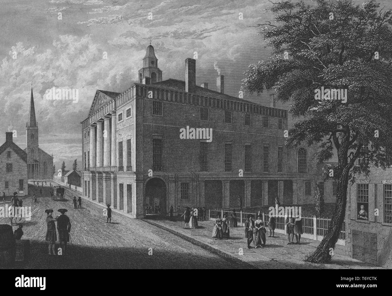 Incisione del vecchio Municipio a Wall Street a New York City, luogo di incontro per il Congresso della Confederazione, 1837. Dalla Biblioteca Pubblica di New York. () Foto Stock