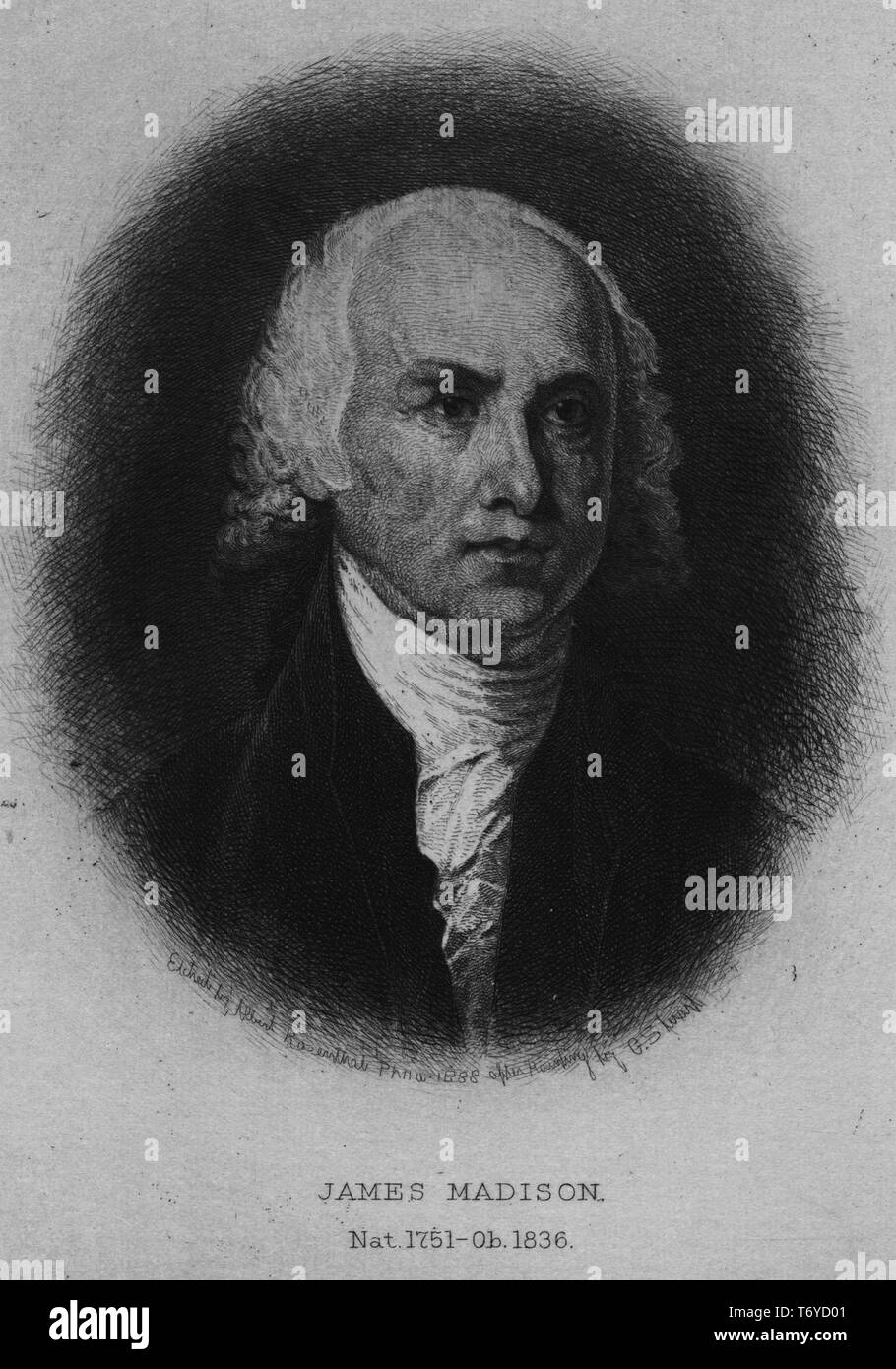 Incisi ritratto di James Madison, padre fondatore e il quarto presidente degli Stati Uniti, un americano comincia dal porto Conway, Virginia, 1870. Dalla Biblioteca Pubblica di New York. () Foto Stock