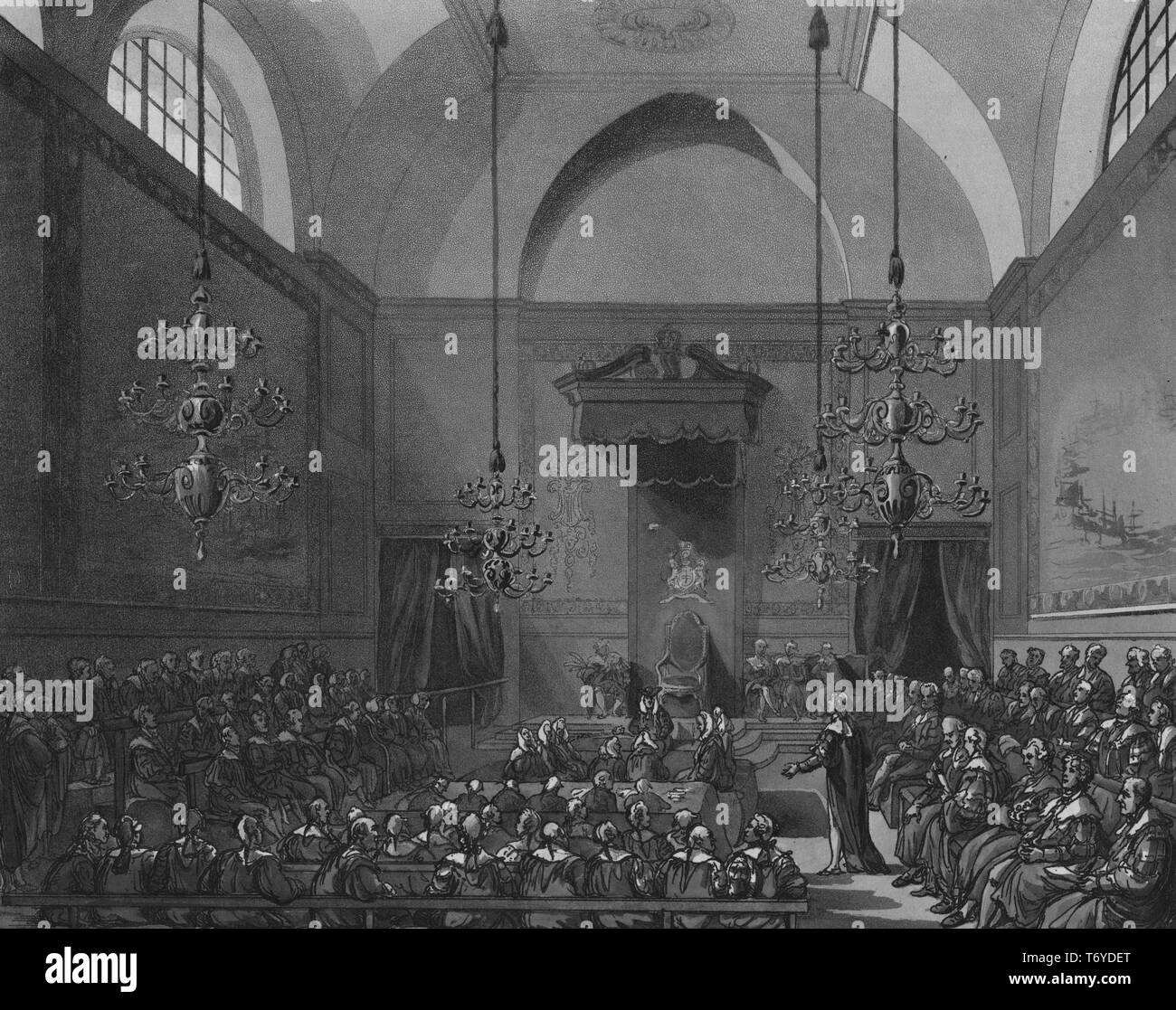 Incisione di House of Lords, la camera alta del parlamento del Regno Unito, da Agustus Pugin, 1800. Dalla Biblioteca Pubblica di New York. () Foto Stock