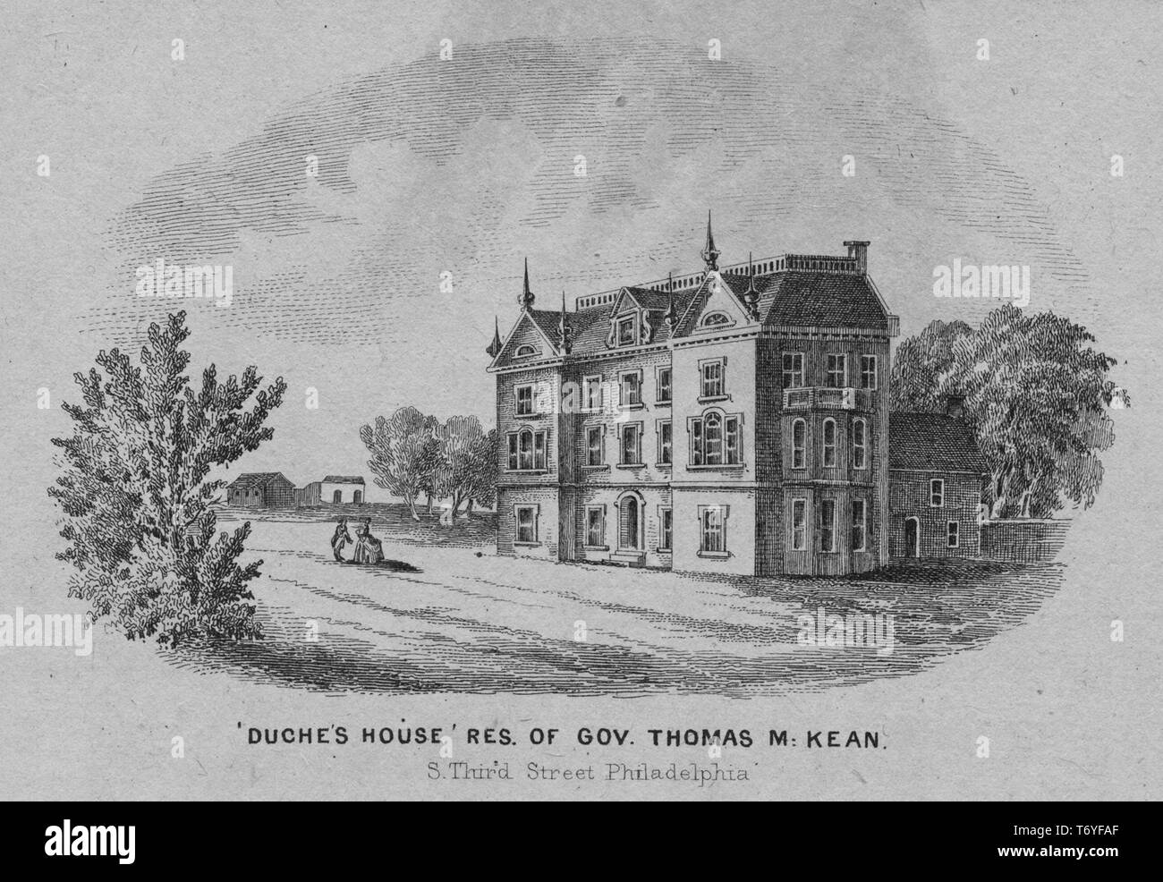 Incisione del Duche's house, la residenza del governatore Thomas McKean a sud di Third Street a Philadelphia, Pennsylvania, 1850. Dalla Biblioteca Pubblica di New York. () Foto Stock