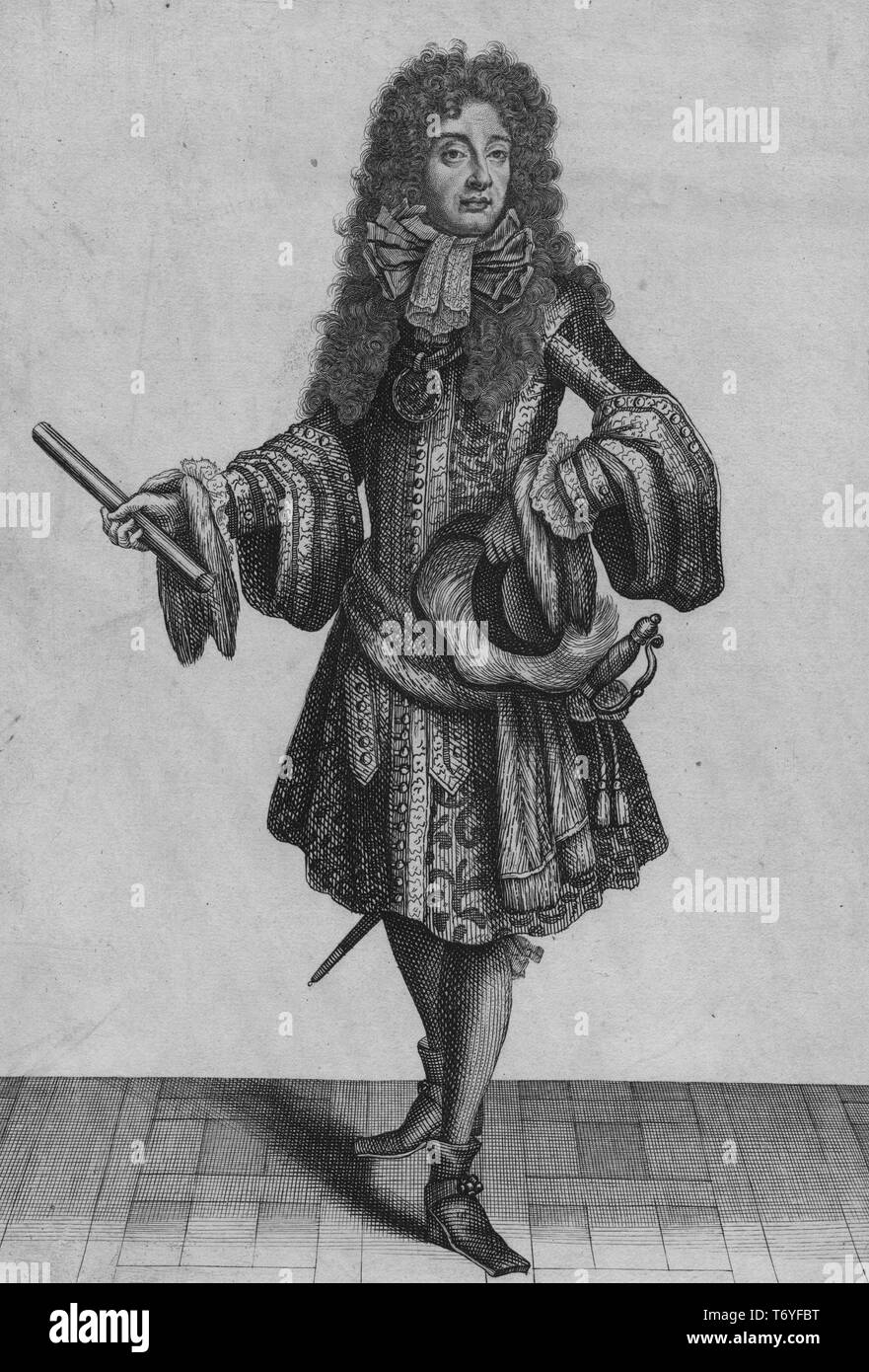 Incisi ritratto di Giacomo II d'Inghilterra, Re di Inghilterra e Irlanda, l'ultimo Cattolica Romana monarca di Inghilterra, Scozia e Irlanda, 1690. Dalla Biblioteca Pubblica di New York. () Foto Stock