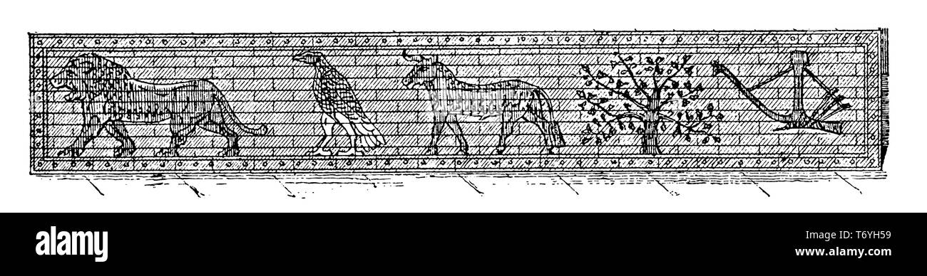 Lion, Eagle, Bull, alberi da frutto e aratro. Fregio di mattoni dipinto in Khorsabad. Per Perrot, 1904 Foto Stock