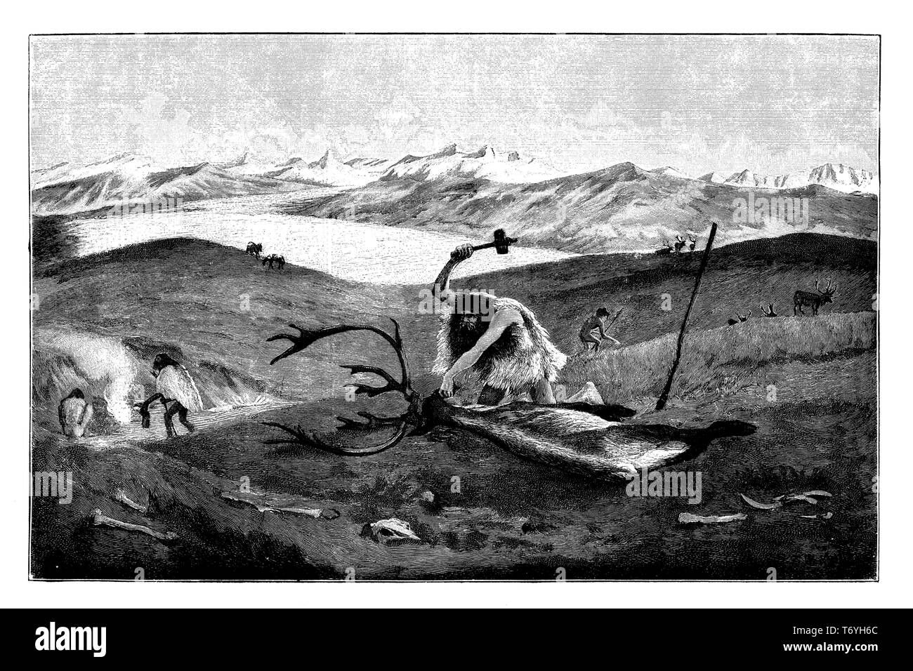 La caccia di renne nella morena paesaggio di Alta Svevia durante l'ultima glaciazione. Dopo un dipinto da W. Kranz, 1902 Foto Stock