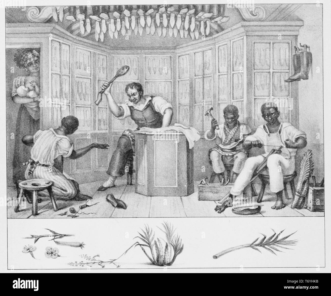 Incisione di bottega del calzolaio, il proprietario a perseguire il suo americano africano lavoratori, 1836. Dalla Biblioteca Pubblica di New York. () Foto Stock