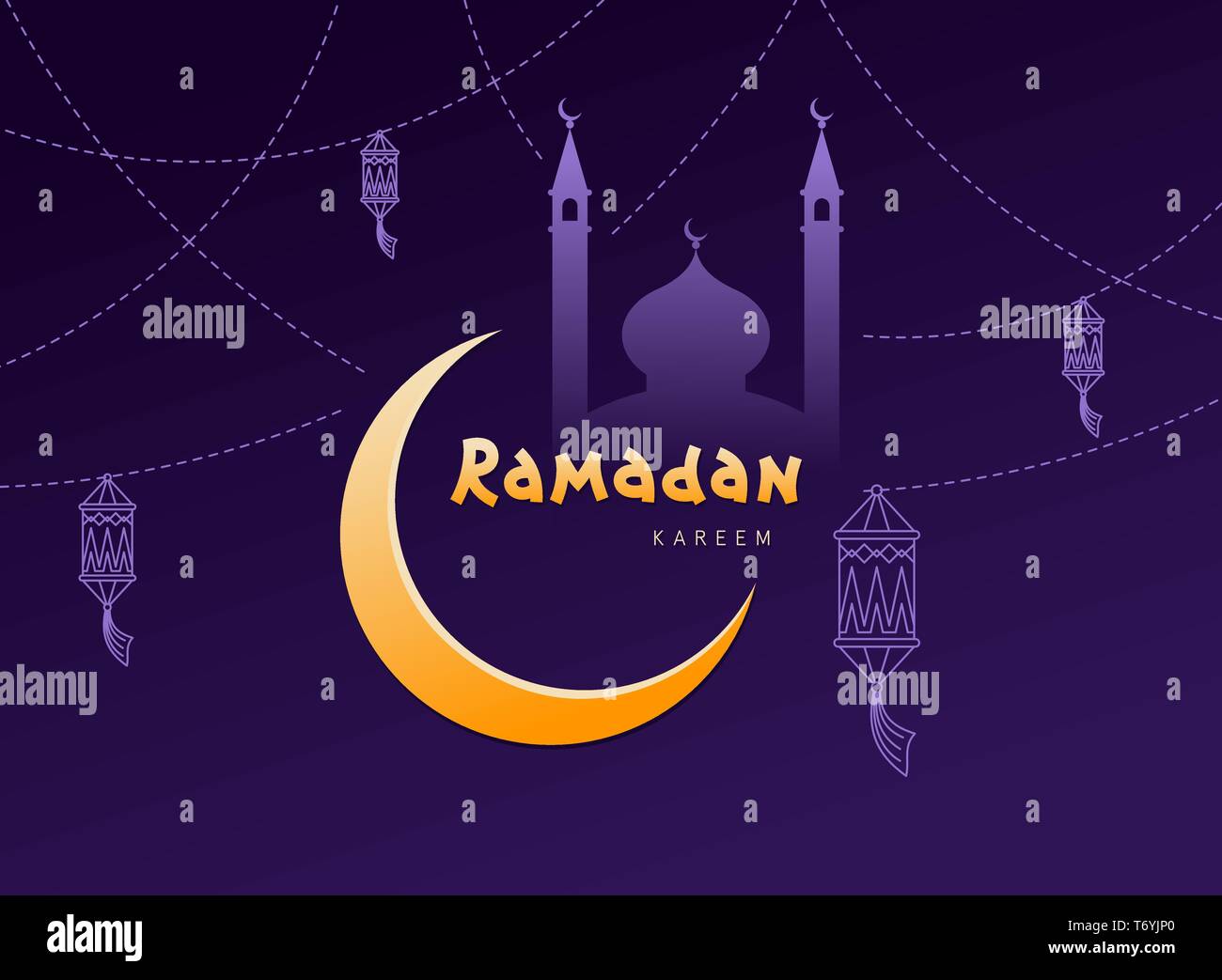 Il Ramadan Kareem sfondo viola con la luna lanterna, moschea. Arabo islamico di Ramadan mubarak bigliettino, invito per la comunità musulmana festival. K Illustrazione Vettoriale