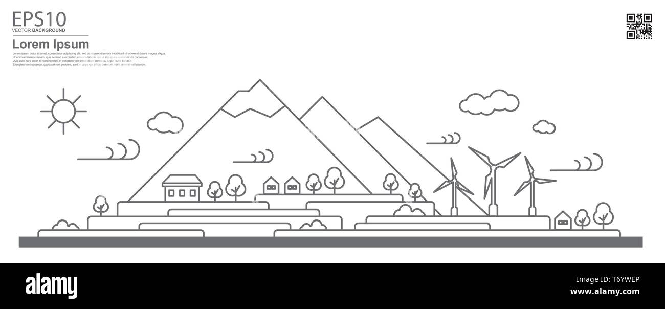 ECO natura paesaggio. Montagna, turbina, tree. Fonti di energia rinnovabili design piatto concetto. Illustrazione Vettoriale
