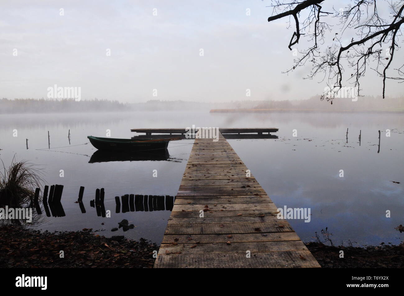 Il lago con la barca e la nebbia di mattina Foto Stock