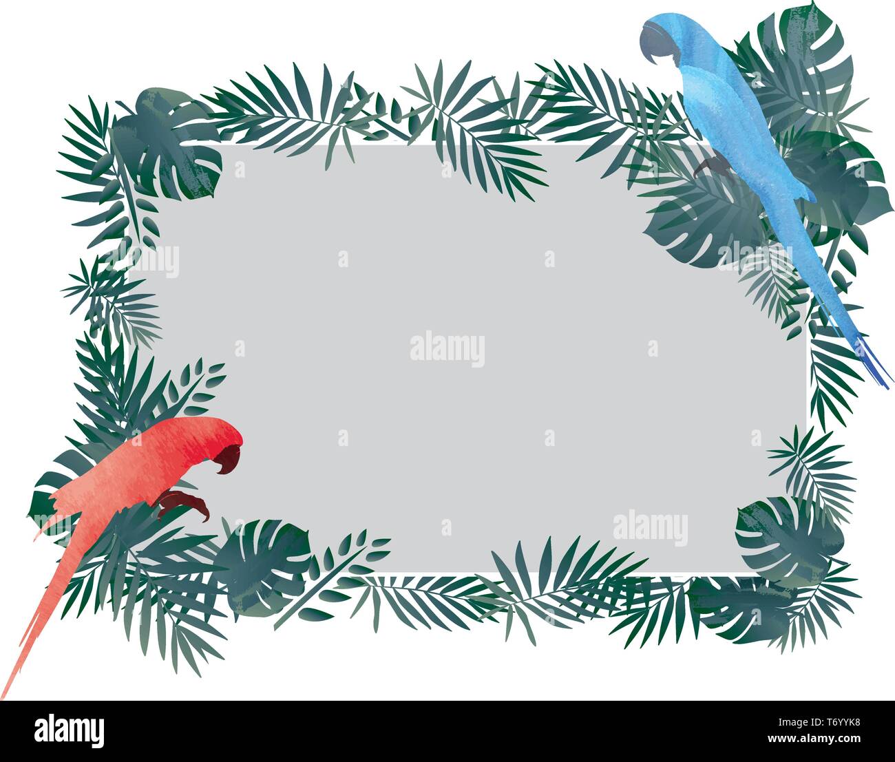 Rosso / Blu Macaw uccelli tropicali e foglia verde cornice sfondo pattern Illustrazione Vettoriale