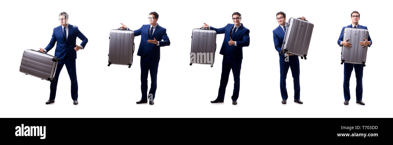 Giovane imprenditore con valigia isolati su sfondo bianco Foto Stock