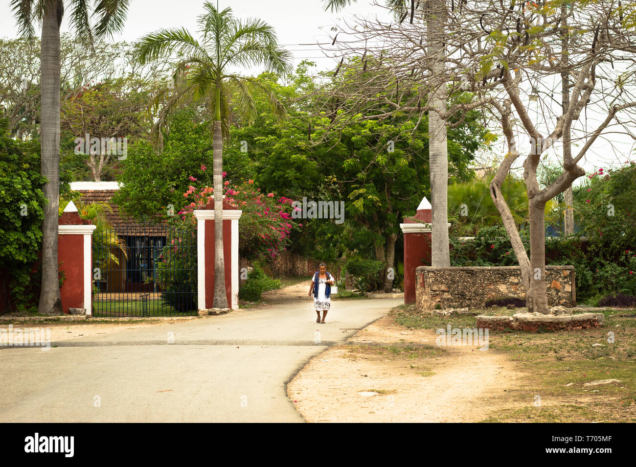 Donna maya a piedi vicino ad una Hacienda nella piccola città di Poxila pueblo, in Yucatan, Messico. Foto Stock