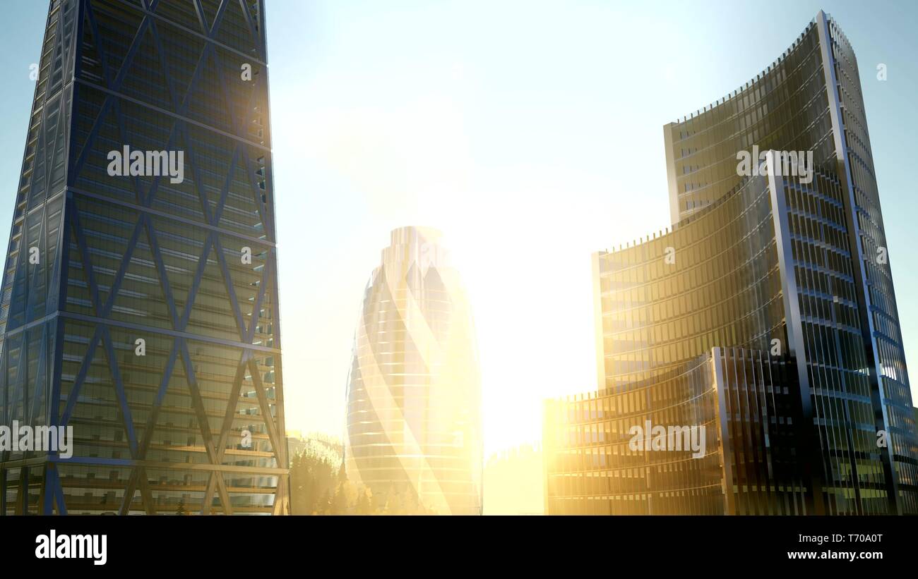 Città skyscrapes con lente flairs al tramonto Foto Stock