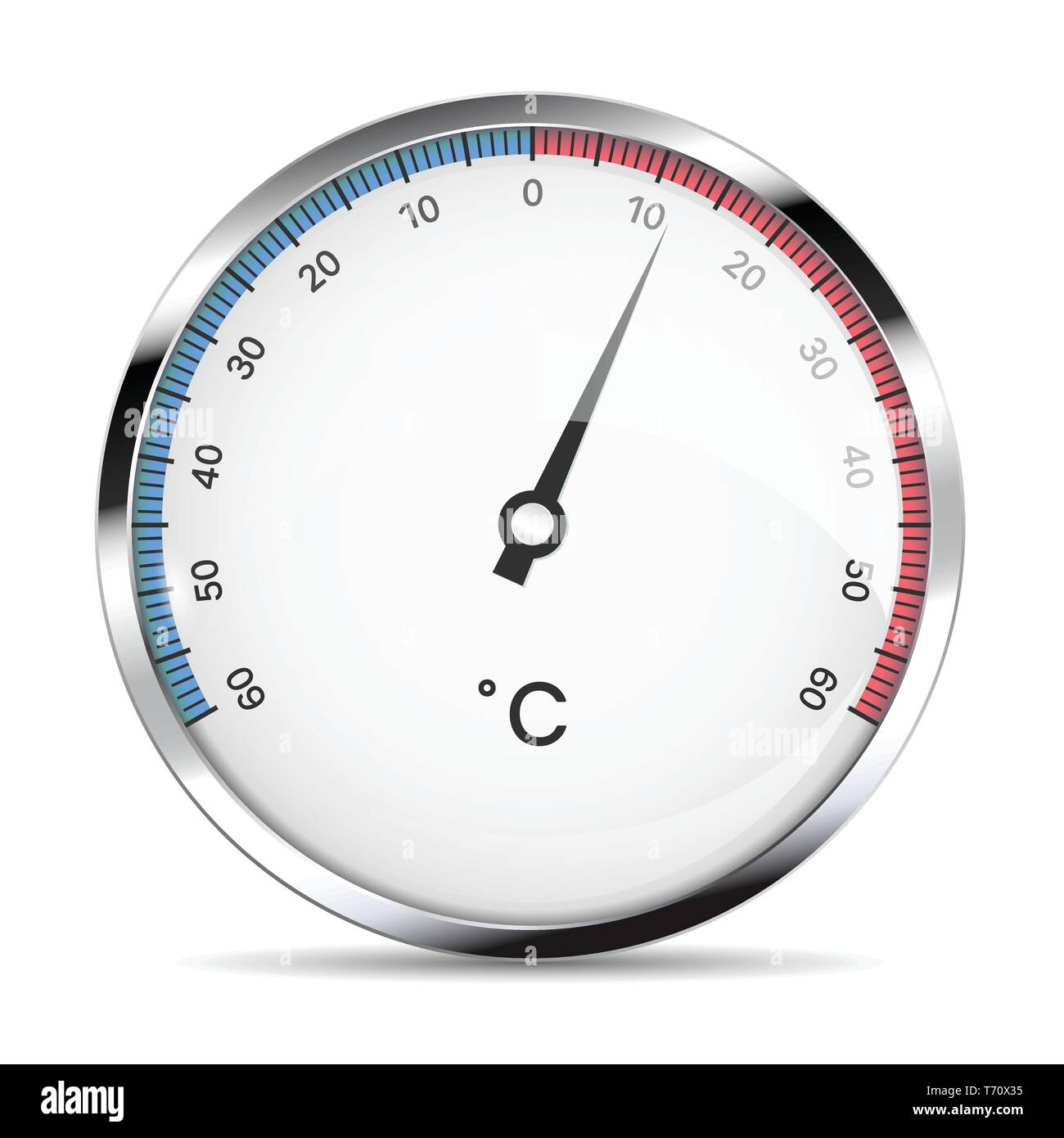 Illustrazione realistica di un tondo metallico termometro per misurare i gradi Celsius di freddo e di calore. Isolato su sfondo bianco - vettore Illustrazione Vettoriale