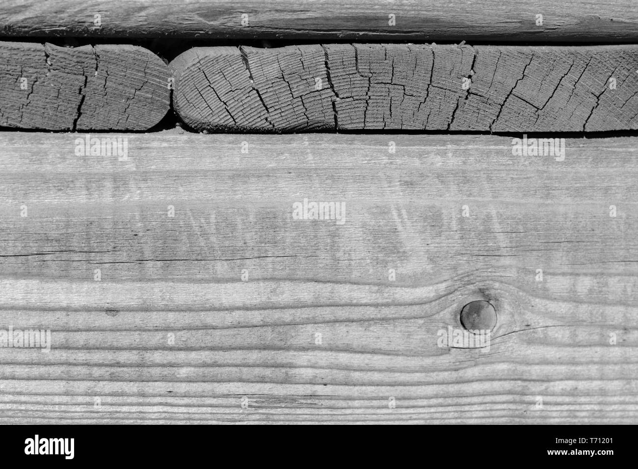 La texture di una superficie di legno vicino. Sfondo di legno bianco e nero Foto Stock