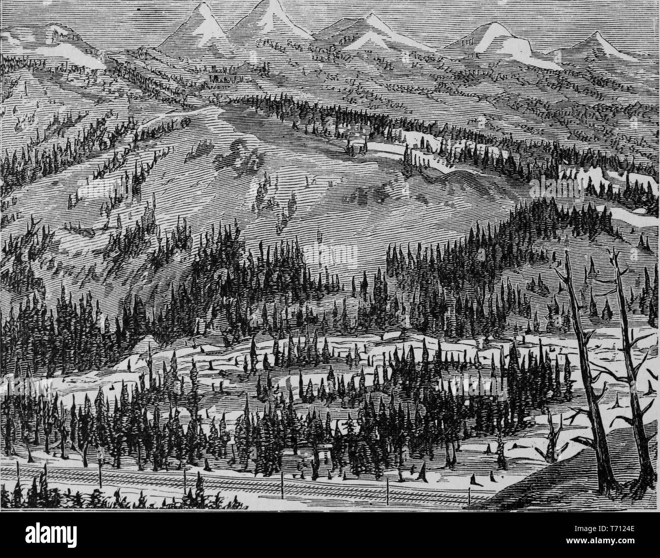 Incisione di Pacific Railroad passando il vertice di montagne, dal libro "Crofutt è di nuovo overland e turistiche della costa del Pacifico' guida, 1879. La cortesia Internet Archive. () Foto Stock