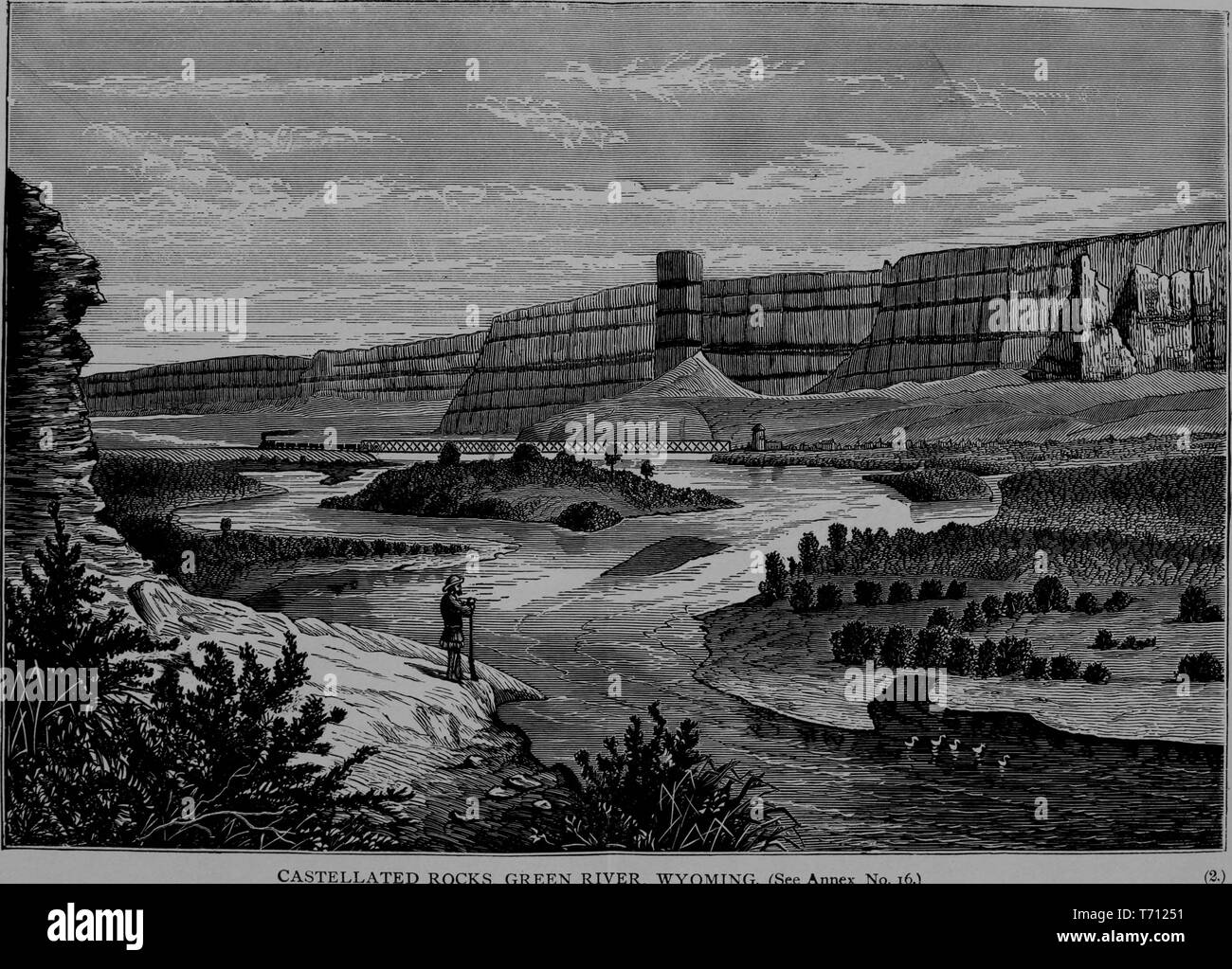 Incisione di un cacciatore in piedi sul Green River shore, rocce a corona in background, dal libro "Crofutt è di nuovo overland e turistiche della costa del Pacifico' guida, Sweetwater County, Wyoming 1879. La cortesia Internet Archive. () Foto Stock Incisione di un cacciatore in piedi sul Green River shore, rocce a corona in background, dal libro "Crofutt è di nuovo overland e turistiche della costa del Pacifico' guida, Sweetwater County, Wyoming 1879. La cortesia Internet Archive. () Foto Stock