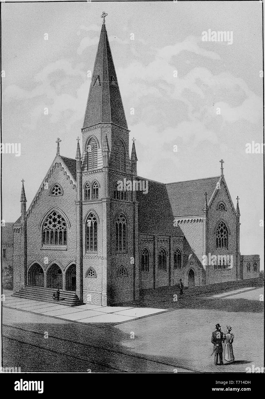 Incisione di San Francesco di Sales Chiesa di Oakland, contea di Alameda, California, dal libro "album illustrato della contea di Alameda, California' da Jos, 1893. Alex Colquhoun. La cortesia Internet Archive. () Foto Stock