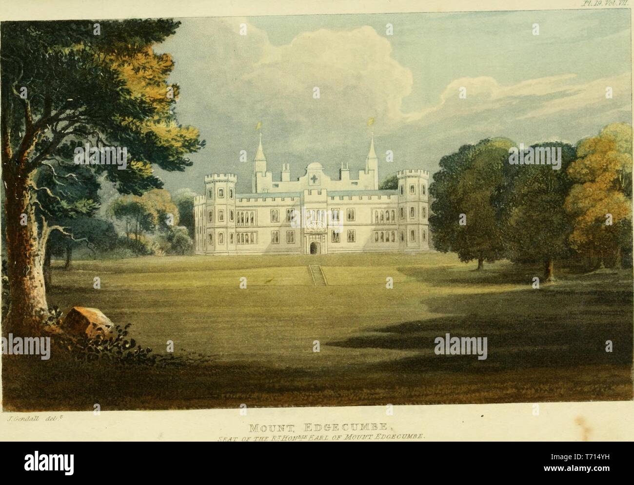 Disegno 'Mount Edgecumbe la sede del conte di Mount Edgcumbe, Cornwall' da Rudolph Ackermann, dal libro "repository delle arti, letteratura, commercio, produce la moda e politica" da Rudolph Ackermann, 1817. La cortesia Internet Archive. () Foto Stock