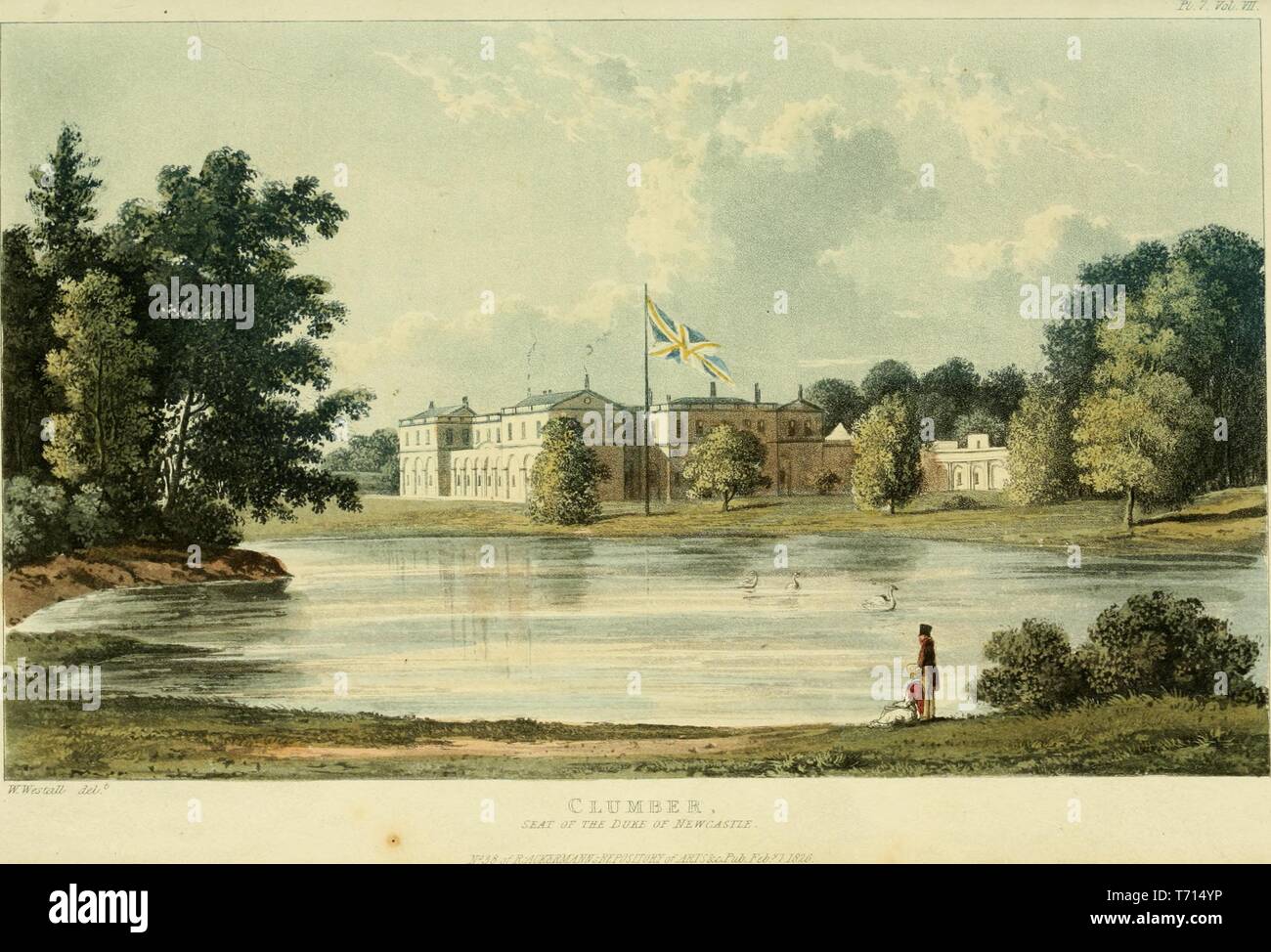 Disegno 'Clumber, la sede del duca di Newcastle, Nottinghamshire' da William Westall, dal libro "repository delle arti, letteratura, commercio, produce la moda e politica" da Rudolph Ackermann, 1817. La cortesia Internet Archive. () Foto Stock