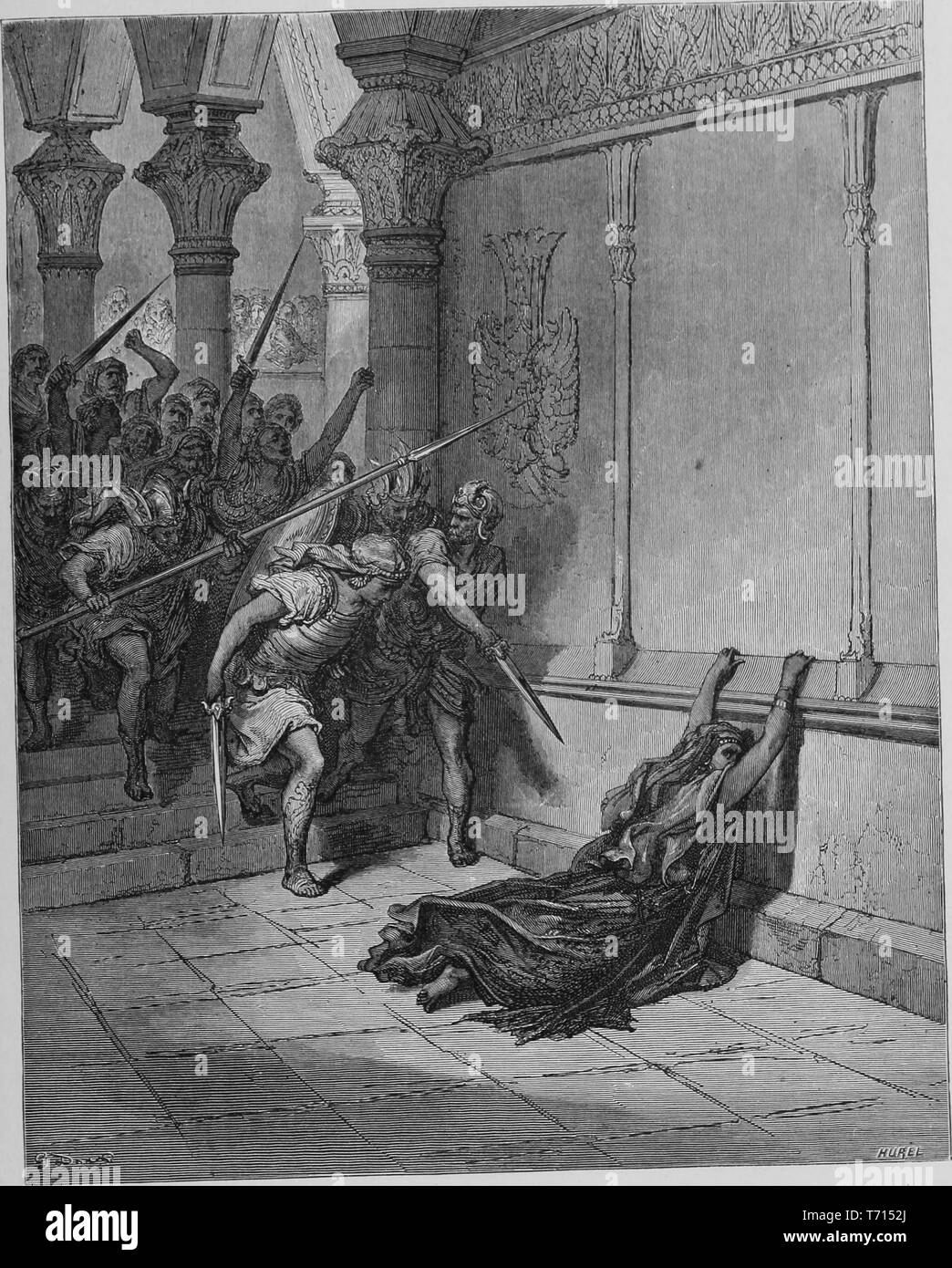 Il disegno inciso "morte di Atalia' (l'esecuzione della regina Atalia) da Alexandre Hurel, dal libro "La Bibbia " panorama da William A. Foster, 1891. La cortesia Internet Archive. () Foto Stock