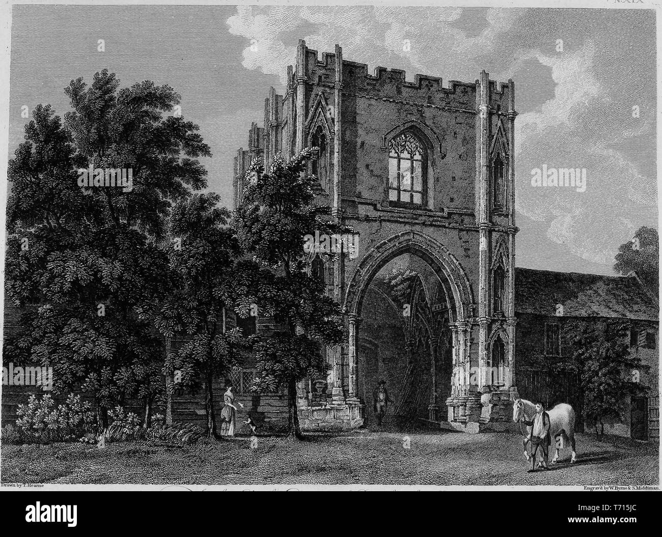 Incisione del gate di Abbazia di San Edmundsbury nel Suffolk, Inghilterra, dal libro "Antichità di Gran Bretagna' da William Byrne e Thomas Hearne, 1825. La cortesia Internet Archive. () Foto Stock