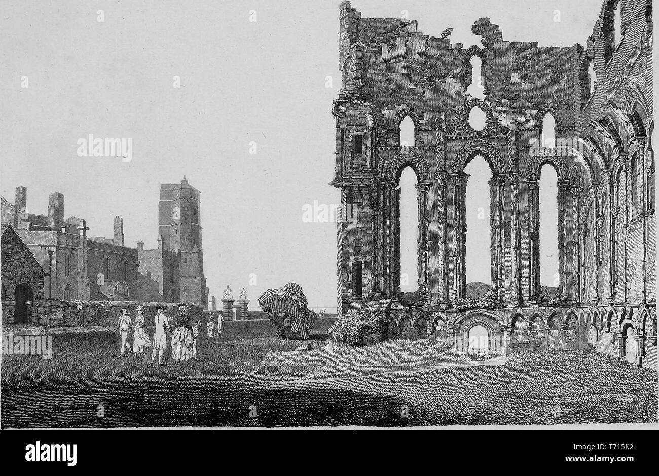 Incisione di le rovine del monastero di Tynemouth in Inghilterra, dal libro "Antichità di Gran Bretagna' da William Byrne e Thomas Hearne, 1825. La cortesia Internet Archive. () Foto Stock