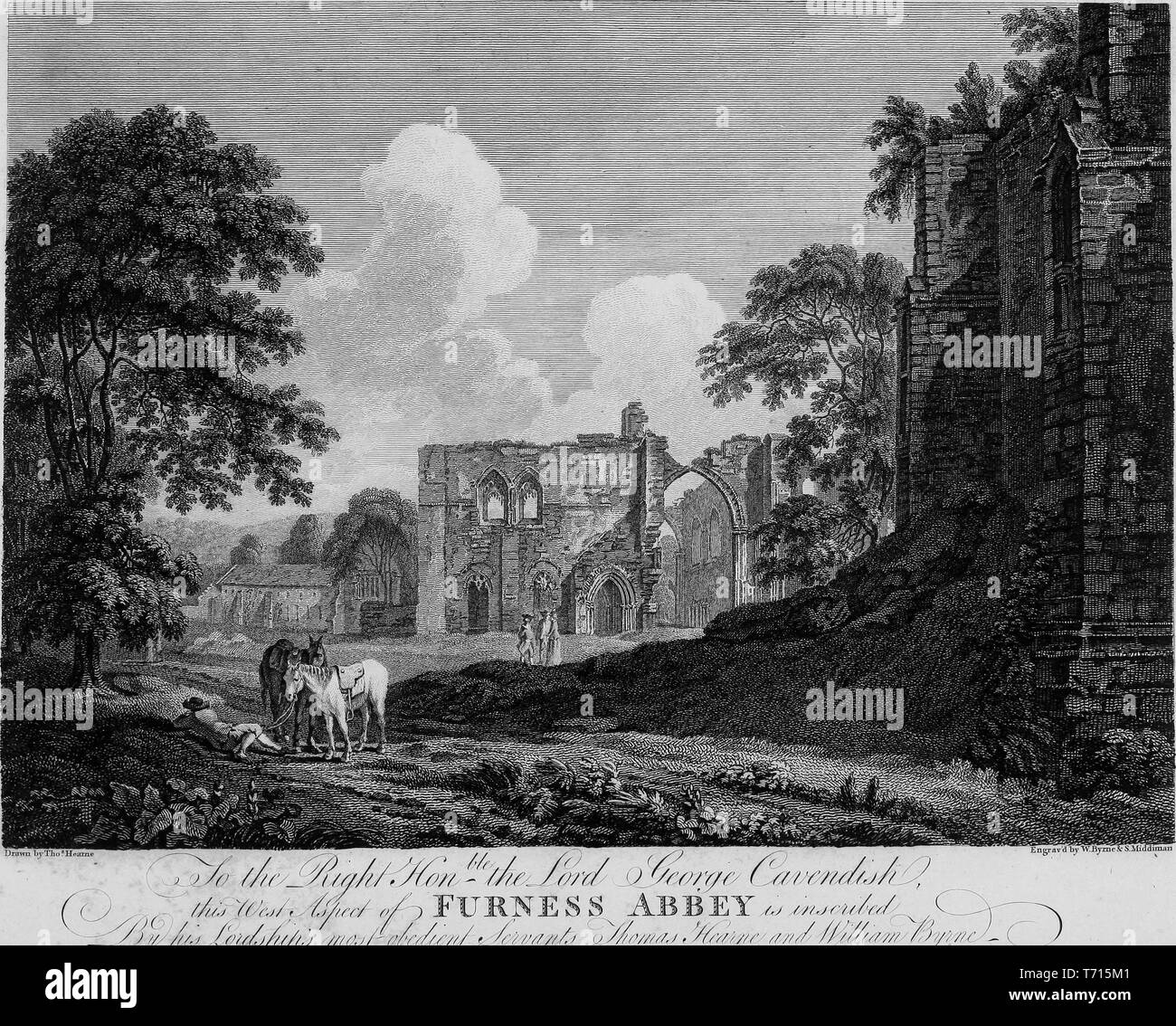Incisione di rovine di Furness Abbey in Cumbria, Inghilterra, dal libro "Antichità di Gran Bretagna' da William Byrne e Thomas Hearne, 1825. La cortesia Internet Archive. () Foto Stock