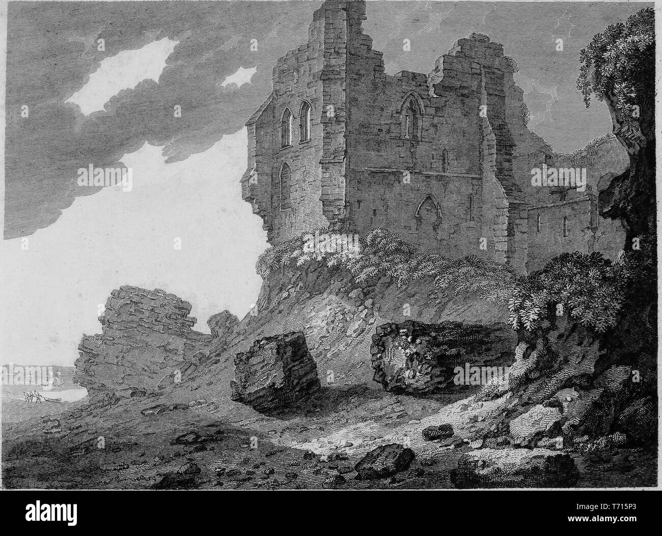 Incisione di le rovine del castello di Peel sull' Isola di Man, dal libro "Antichità di Gran Bretagna' da William Byrne e Thomas Hearne, 1825. La cortesia Internet Archive. () Foto Stock