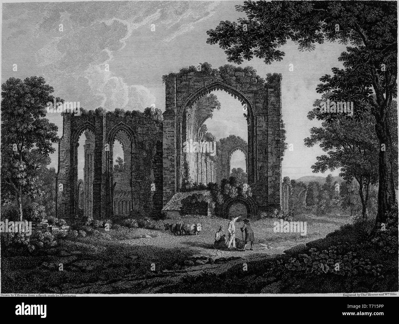 Incisione del lato nord di Furness Abbey in Cumbria, Inghilterra, dal libro "Antichità di Gran Bretagna' da William Byrne e Thomas Hearne, 1807. La cortesia Internet Archive. () Foto Stock