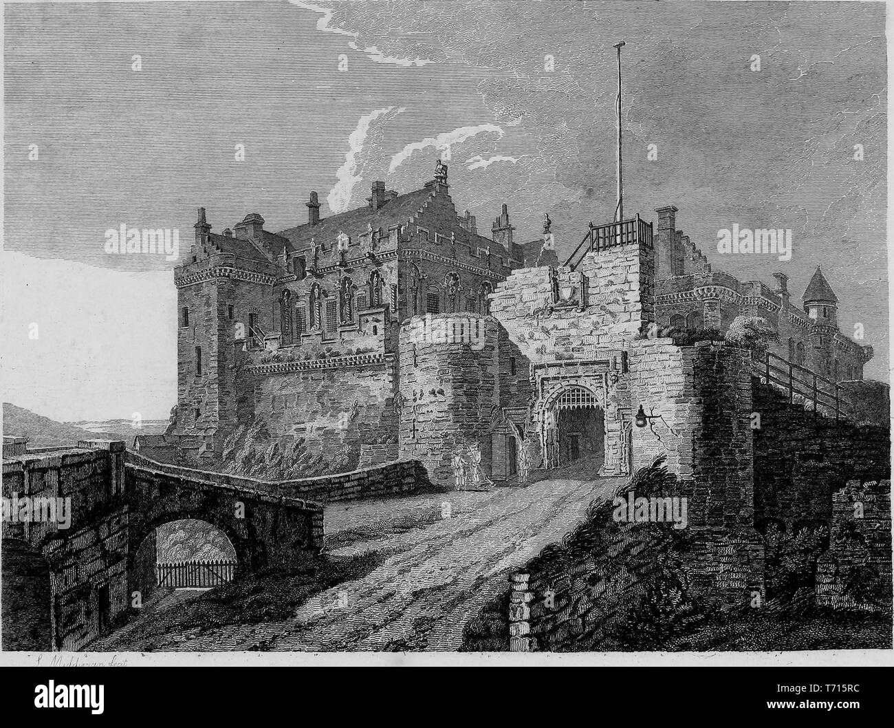 Incisione del Castello di Stirling, Stirling, in Scozia, dal libro "Antichità di Gran Bretagna' da William Byrne e Thomas Hearne, 1825. La cortesia Internet Archive. () Foto Stock