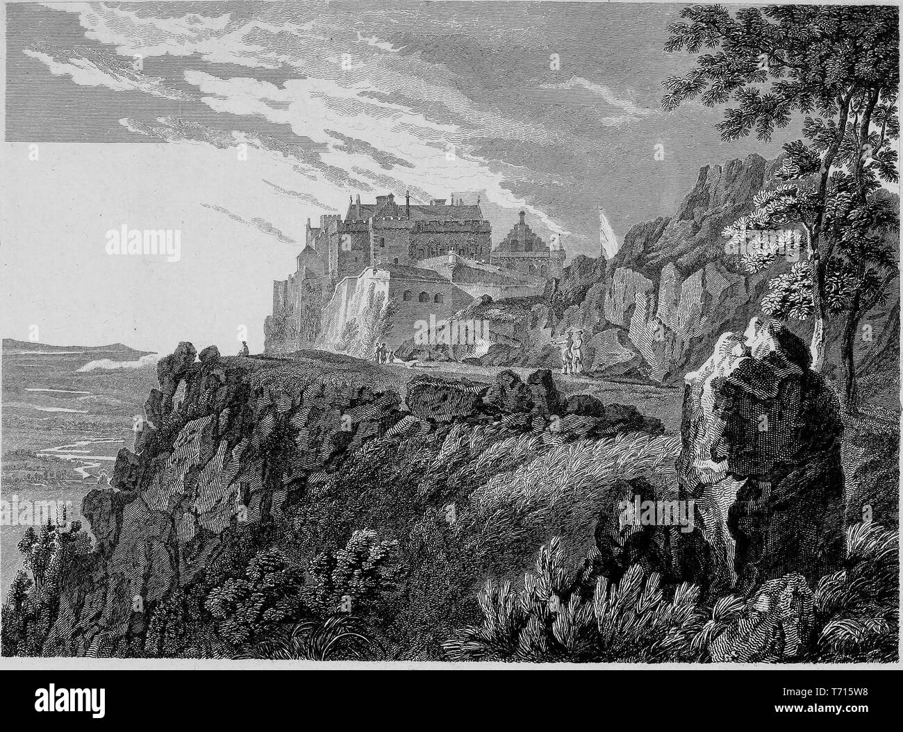 Incisione di città di Stirling in Scozia, dal libro "Antichità di Gran Bretagna' da William Byrne e Thomas Hearne, 1825. La cortesia Internet Archive. () Foto Stock