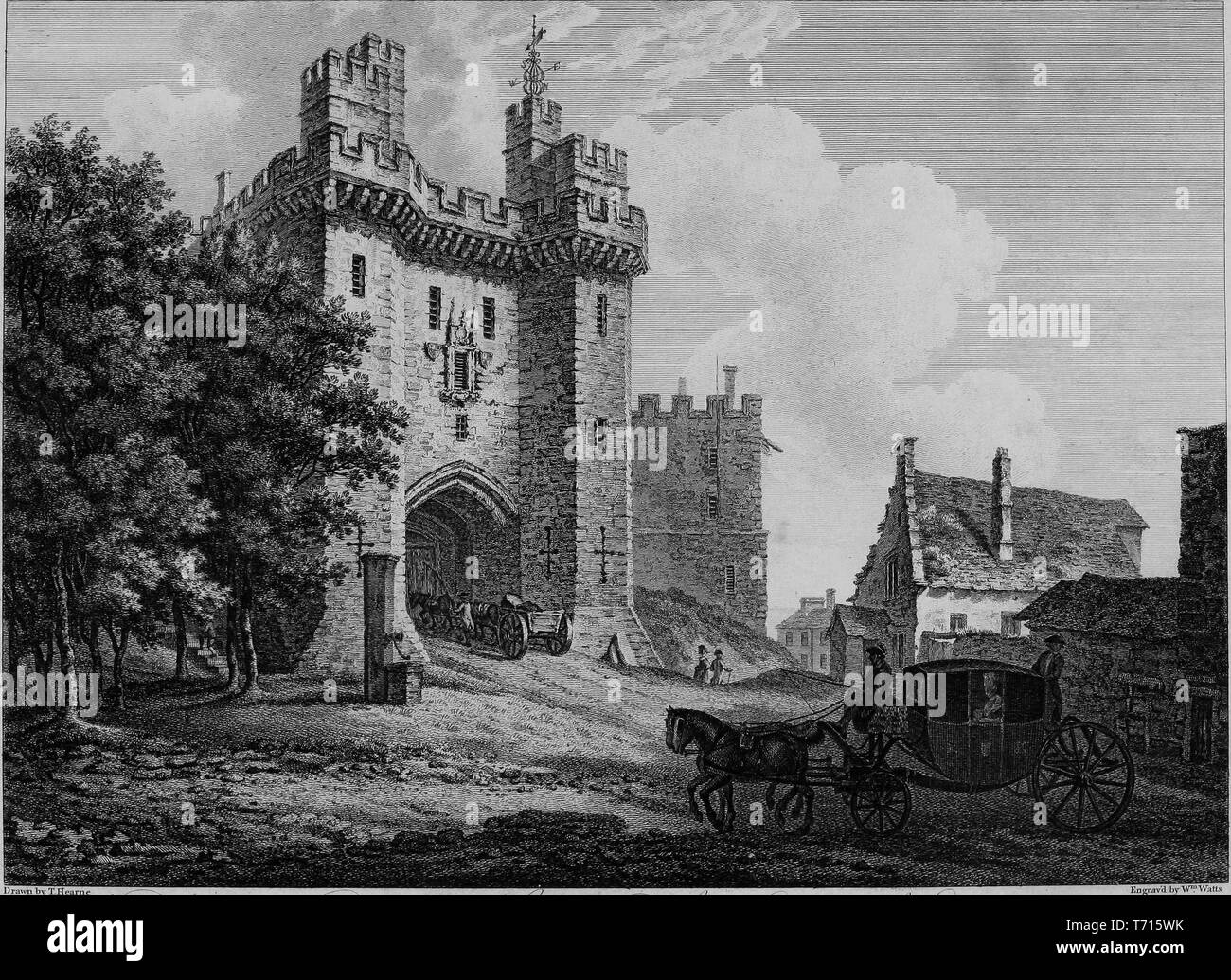 Incisione del Lancaster Castle in Lancashire, Inghilterra, dal libro "Antichità di Gran Bretagna' da William Byrne e Thomas Hearne, 1825. La cortesia Internet Archive. () Foto Stock