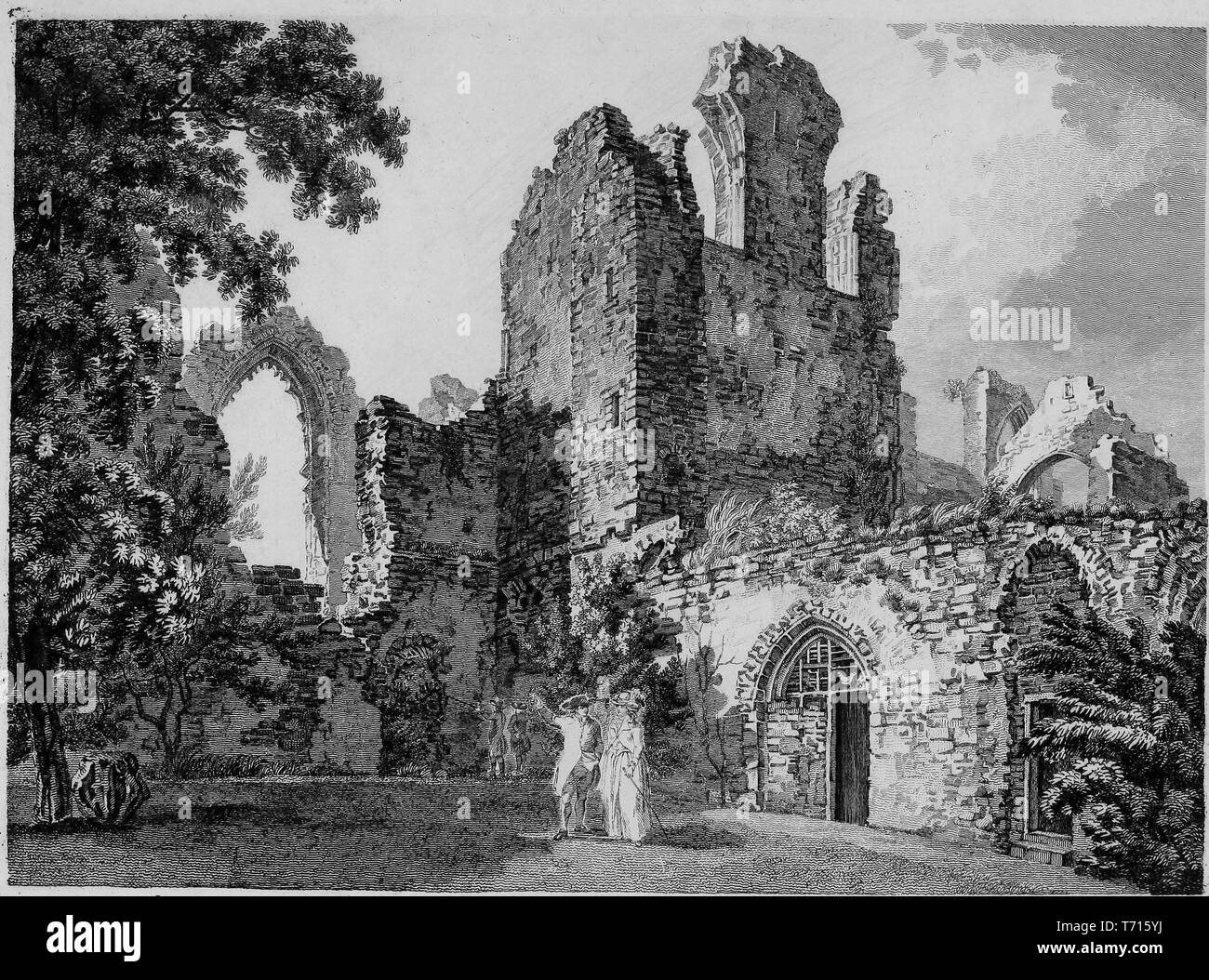 Incisione di rovine di abbazia a Leiston nel Suffolk, Inghilterra, dal libro "Antichità di Gran Bretagna' da William Byrne e Thomas Hearne, 1825. La cortesia Internet Archive. () Foto Stock