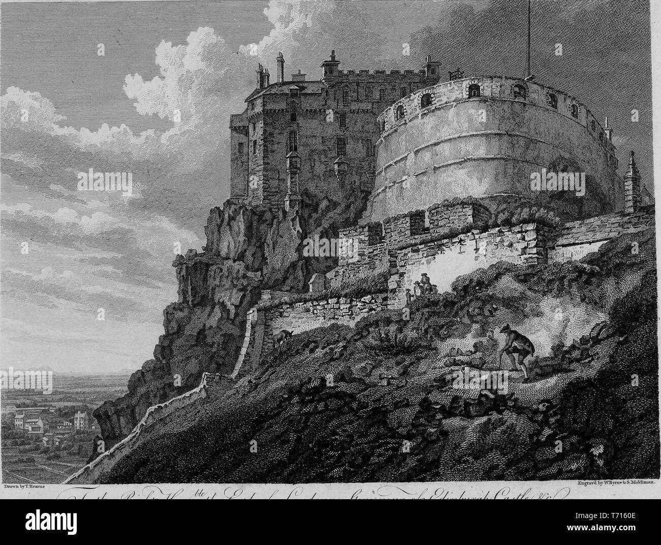 Incisione del Castello di Edimburgo sul castello di roccia, Edimburgo, Scozia, dal libro "Antichità di Gran Bretagna' da William Byrne e Thomas Hearne, 1825. La cortesia Internet Archive. () Foto Stock