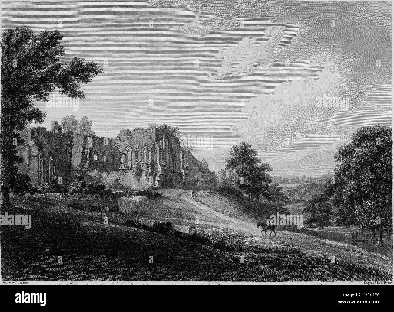 Incisione di rovine di Eggleston Abbey in Durham, Inghilterra, dal libro "Antichità di Gran Bretagna' da William Byrne e Thomas Hearne, 1825. La cortesia Internet Archive. () Foto Stock