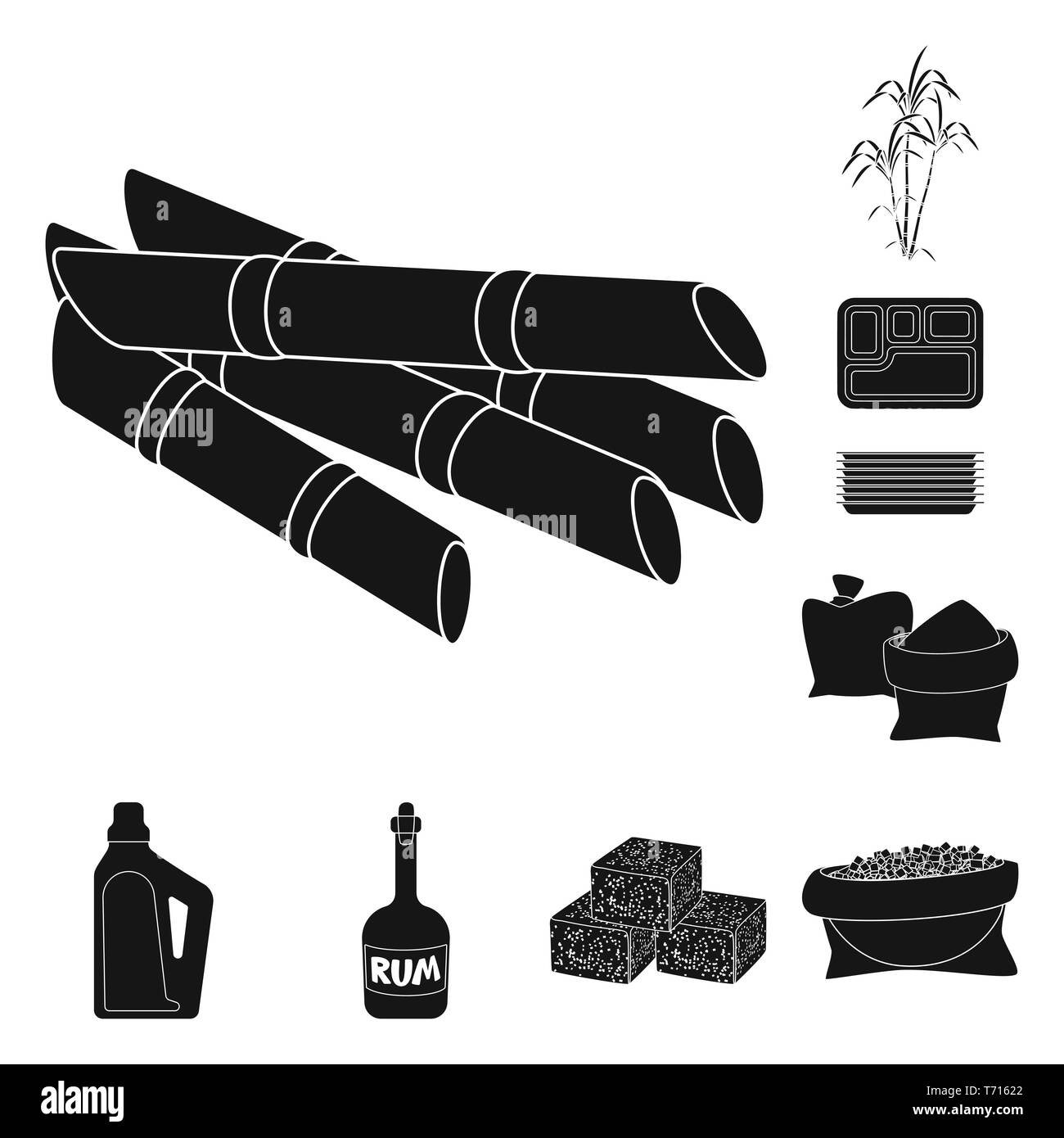 Stick,bush,cartone,bag,Casa,rum,cube,pezzo,succhi di frutta,palm,contenitore,sabbia,prodotti chimici,bottiglia,cibo,granulata,crop,crescita,dolcezza,organic,alcol,l'ingrediente,marrone,verde,ramo,vassoio, vetro, diabete,saccarosio,technology,la canna da zucchero, di canna da zucchero,,campo,impianto,plantation,agriturismo,l'agricoltura,impostare,vettore,icona,immagine,isolato,raccolta,design,l'elemento,graphic,segno,Black,semplici vettori vettore , Illustrazione Vettoriale