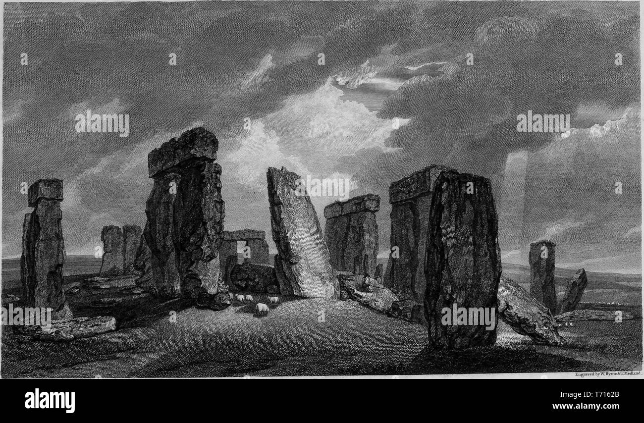 Incisione di Stonehenge, monumento preistorico nel Wiltshire, Inghilterra, dal libro "Antichità di Gran Bretagna' da William Byrne e Thomas Hearne, 1825. La cortesia Internet Archive. () Foto Stock